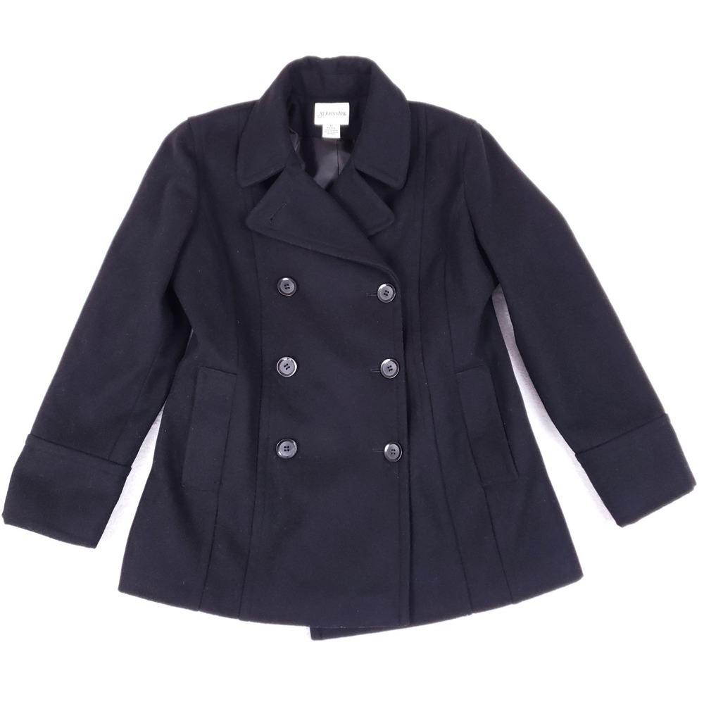 St. John's Bay Pea Coat 8P Double Breasted Black Wool Blend Petite‎ Outerwear